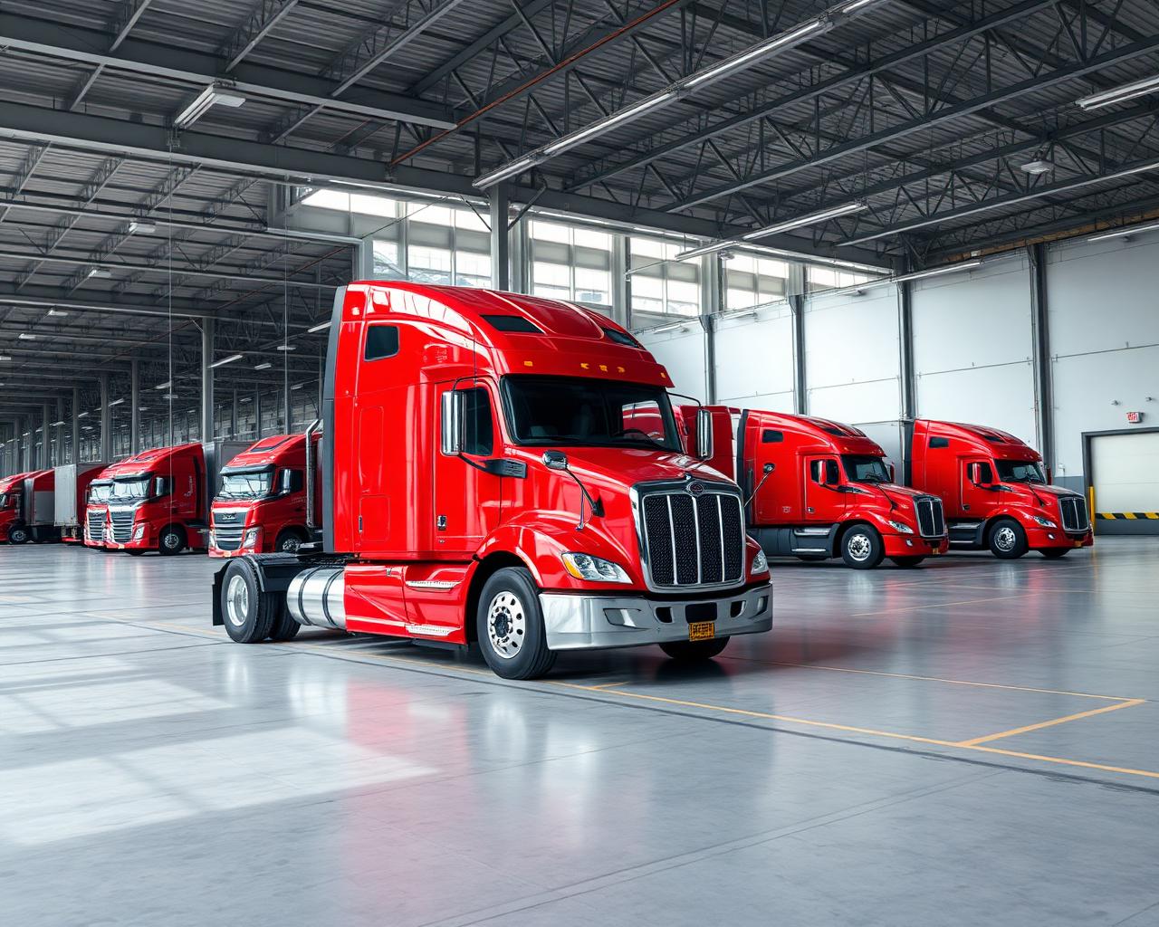 Commercial semi trucks at a modern logistics warehouse