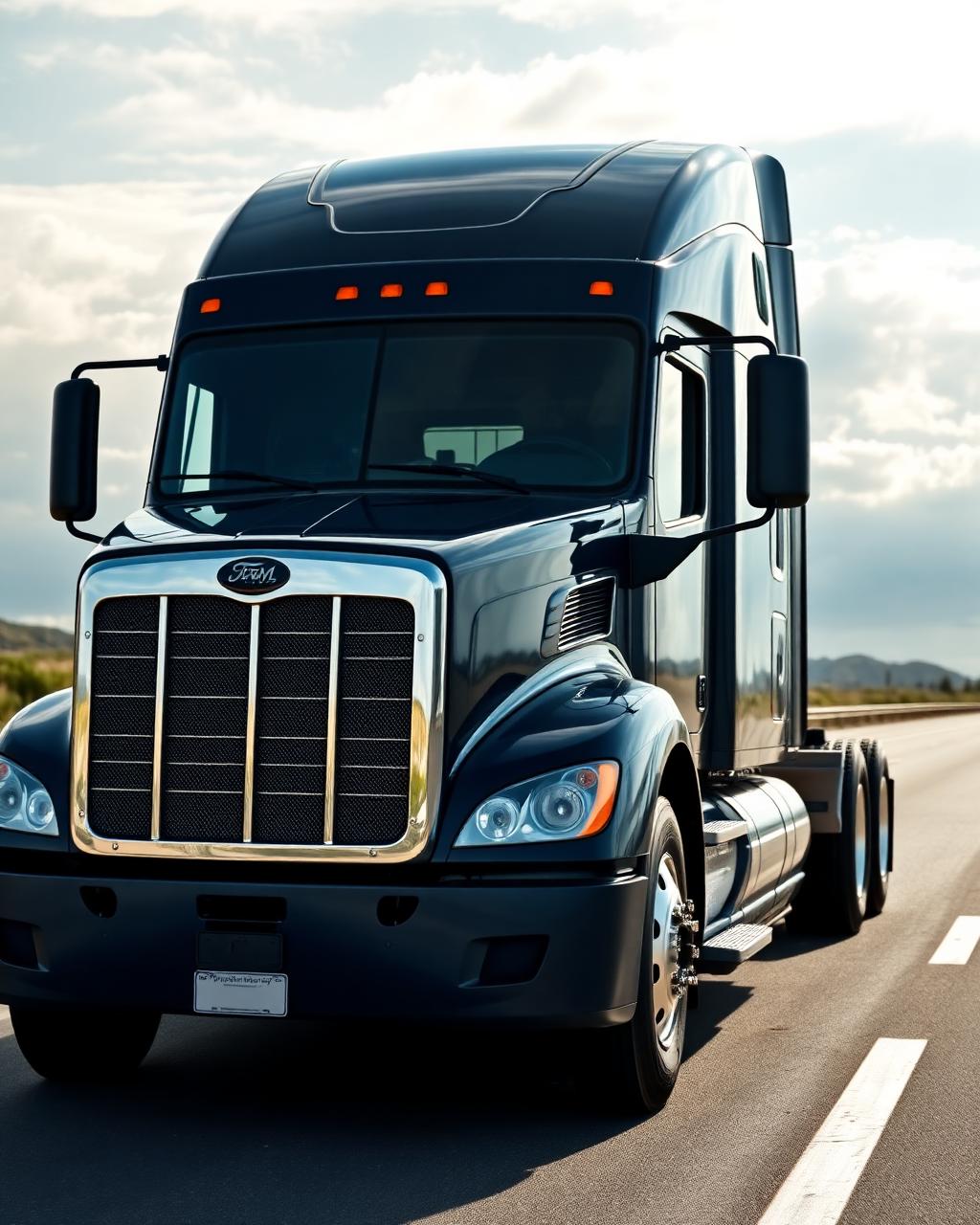 Modern navy semi truck on an open American highway